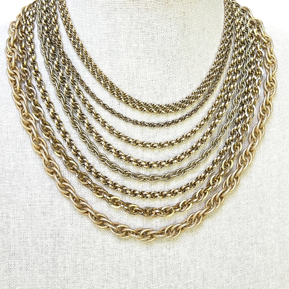 Castlecliff Vintage Multi 9 Strand Necklace Signed Layered Gold Tone Chains 60s